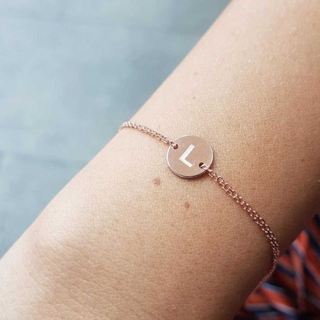 Küçük Yuvarlak Plaka L Harfi Rose Gold Gümüş Kadın Bileklik - 1
