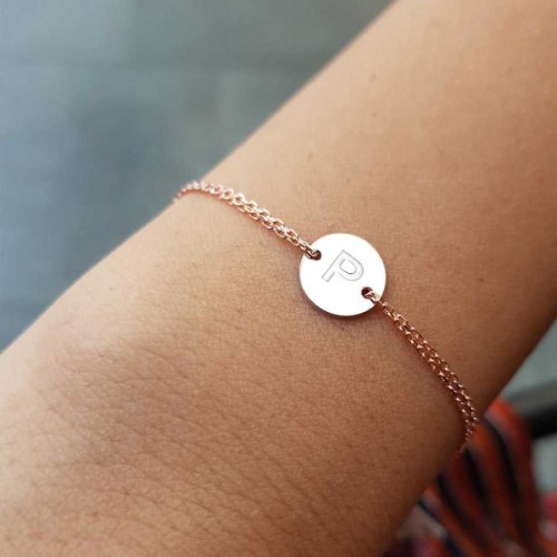 Küçük Yuvarlak Plaka P Harfi Rose Gold Gümüş Bayan Bileklik 