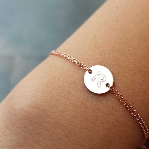 Küçük Yuvarlak Plaka R Harfi Rose Gold Gümüş Bayan Bileklik 