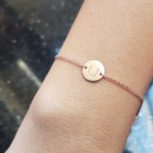 Küçük Yuvarlak Plaka U Harfi Rose Gold Gümüş Bayan Bileklik - CNG Jewels