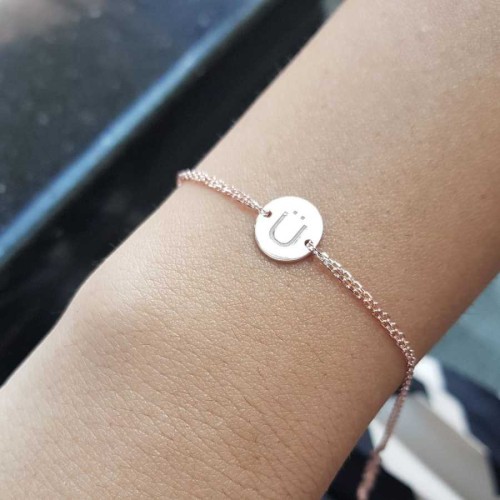 Küçük Yuvarlak Plaka Ü Harfli Rose Gold Gümüş Bayan Bileklik 