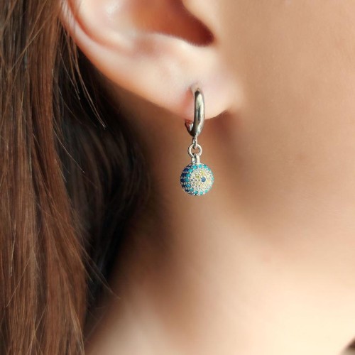Stone Globe Evil Eye Bead Silver Women's Earrings - CNG Jewels