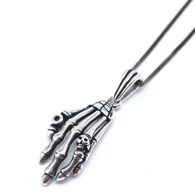 Kuru Kafalı İskelet Eli Gümüş Erkek Kolye - 2