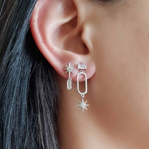 Kutup Yıldızı Baget Taşlı Asimetrik Gümüş Kadın Küpe - CNG Jewels (1)