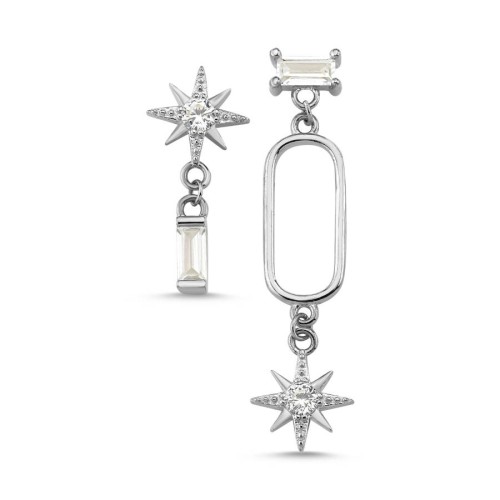 Kutup Yıldızı Baget Taşlı Asimetrik Gümüş Kadın Küpe - CNG Jewels
