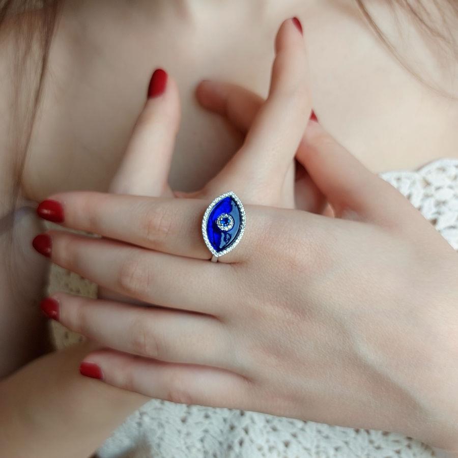 Lacivert Badem Cam Göz Kadın Gümüş Yüzük - CNG Jewels