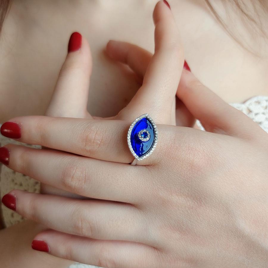 Lacivert Badem Cam Göz Kadın Gümüş Yüzük - CNG Jewels (1)
