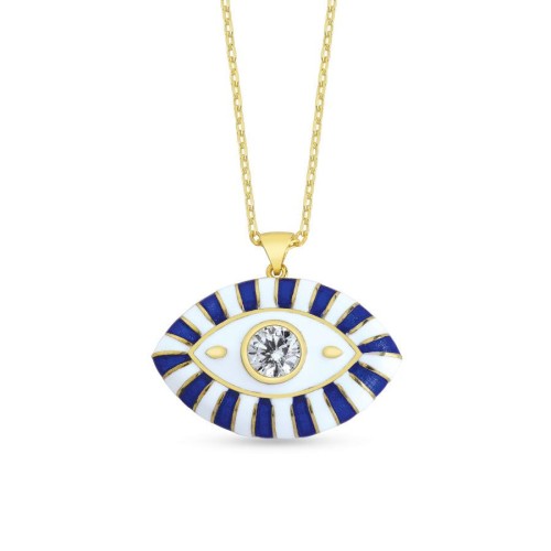 Lacivert Beyaz Mineli Nazar Göz Gold Gümüş Kolye 