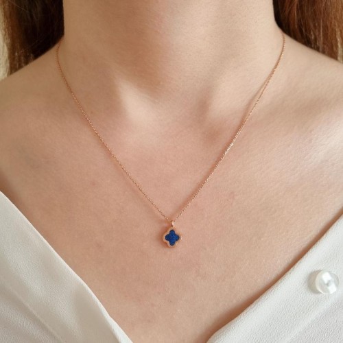 Lacivert Mineli Dört Yaprak Yonca Gümüş Bayan Kolye - CNG Jewels