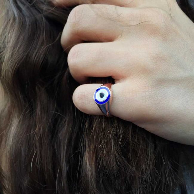 Lacivert Nazar Boncuklu Serçe Parmak Rose Gümüş Kadın Yüzük - 1