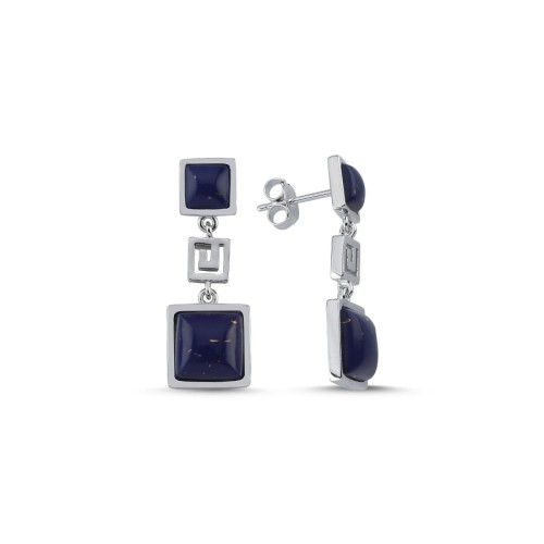 Lapis Lazuli Kare Taşlı Sallantılı Kadın Gümüş Küpe - CNG Jewels