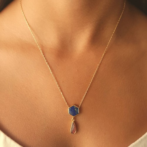 Lapis Lazuli Yaprak Desen Granat Tasarım Kadın Gümüş Kolye - CNG Jewels