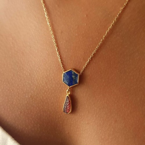 Lapis Lazuli Yaprak Desen Granat Tasarım Kadın Gümüş Kolye - CNG Jewels (1)