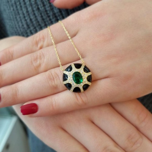 Laura Siyah Mineli Tasarım Gümüş Kadın Kolye - CNG Jewels