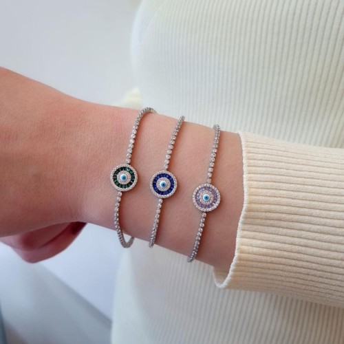 Lila Baget Nazar Boncuklu Gümüş Su Yolu Bileklik - CNG Jewels (1)