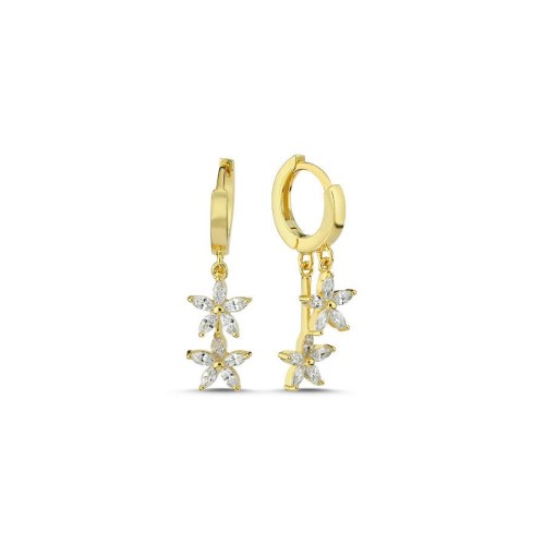 Markiz İki Çiçekli Sallantılı Gold Halka Gümüş Kadın Küpe - CNG Jewels