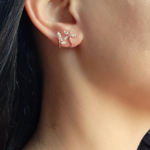 Markiz Taşlı Çiçek Gümüş Bayan Küpe - CNG Jewels