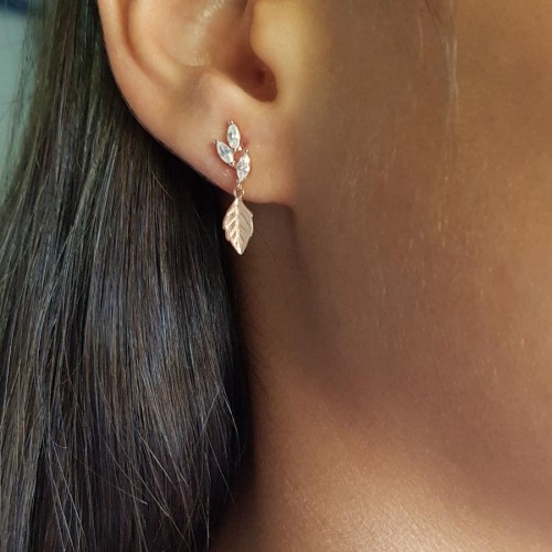 Markiz Taşlı Yaprak Rose Gümüş Kadın Küpe - CNG Jewels
