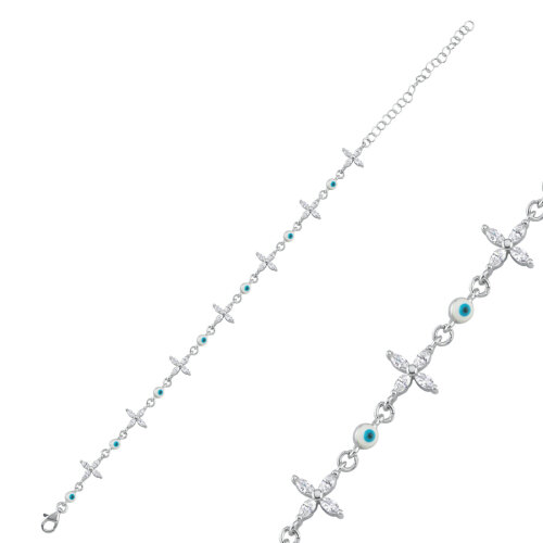 Markiz Taşlı Yonca Nazar Boncuklu Kadın Gümüş Bileklik - CNG Jewels