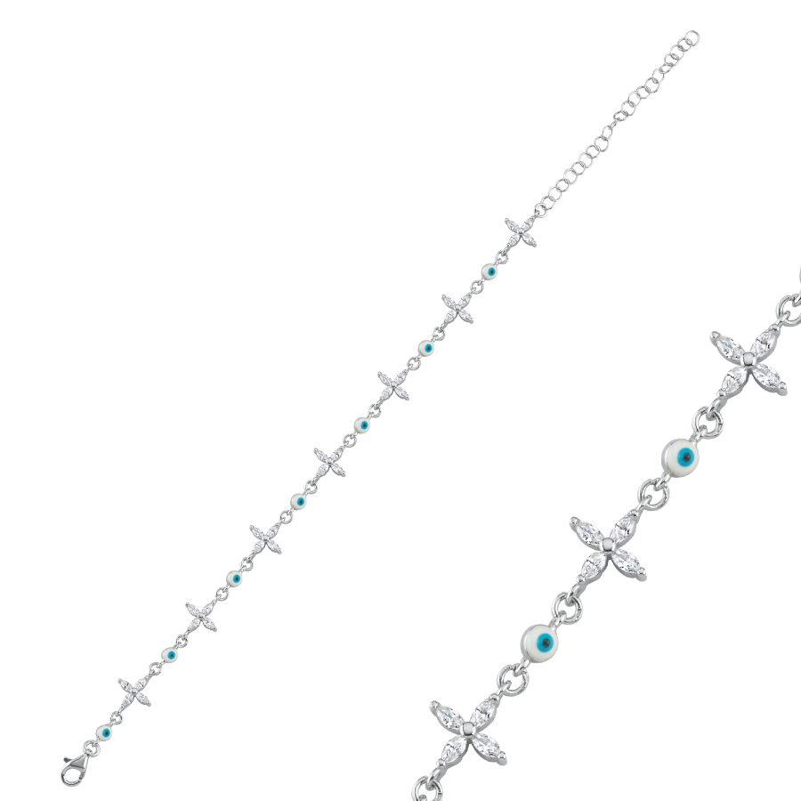 Markiz Taşlı Yonca Nazar Boncuklu Kadın Gümüş Bileklik - CNG Jewels