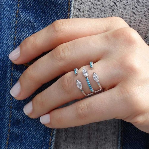 Marquise Cut and Turquoise Stone Modern Design Silver Women's Ring 