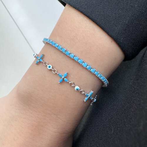 Markiz Turkuaz Yonca Nazar Boncuklu Kadın Gümüş Bileklik - CNG Jewels (1)