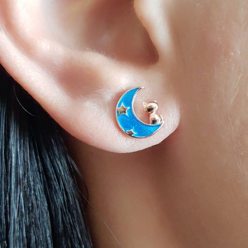 Mavi Ay Kedi Tek Gümüş Bayan Küpe - CNG Jewels