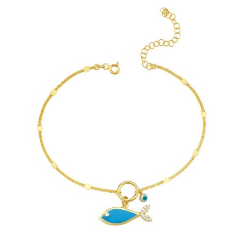 Mavi Balık Nazar Boncuklu Gold Gümüş Halhal - CNG Jewels