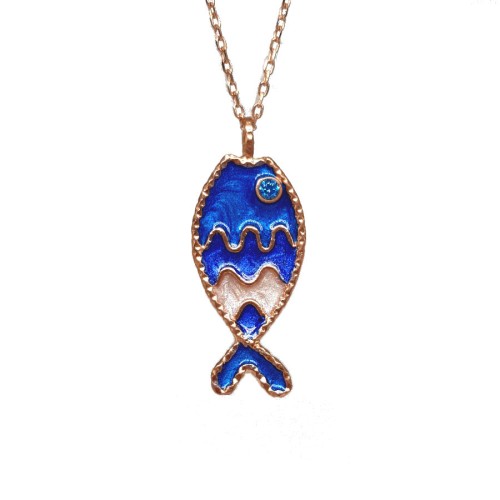 Mavi Beyaz Mineli Balık Trend Gümüş Bayan Kolye - CNG Jewels