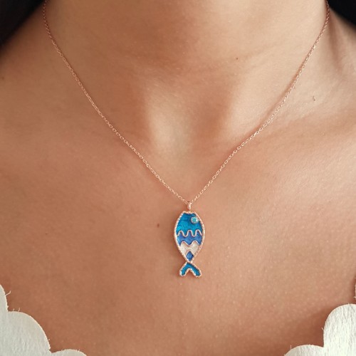 Mavi Beyaz Mineli Balık Trend Gümüş Bayan Kolye - CNG Jewels (1)