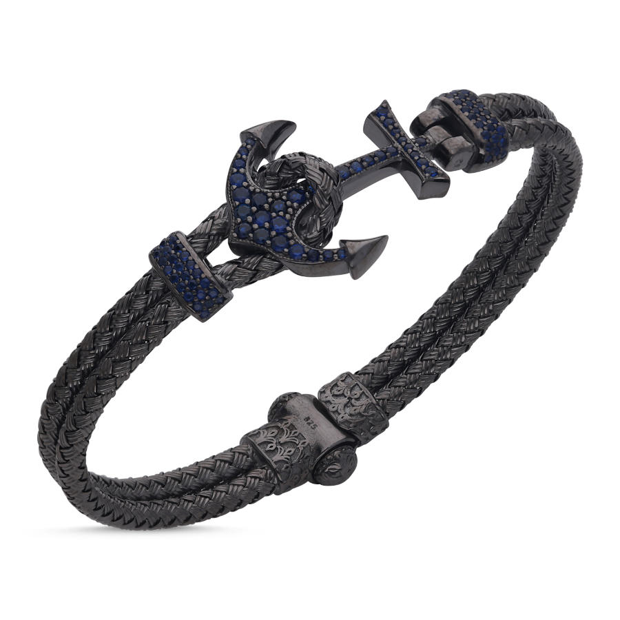 Blue Anchor Mesh Knit Silver Men's Bracelet - CNG Jewels