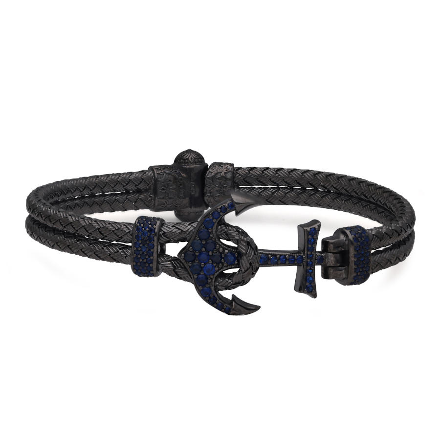 Blue Anchor Mesh Knit Silver Men's Bracelet - CNG Jewels (1)