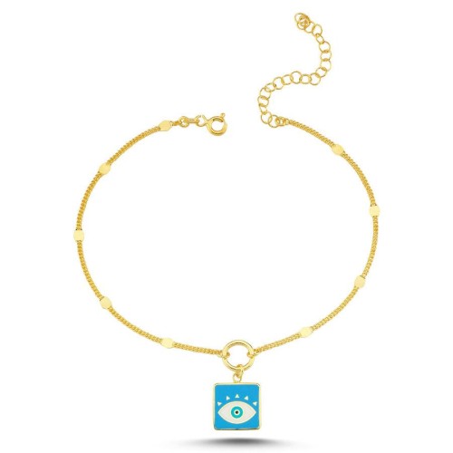 Mavi Charm Nazar Boncuklu Gold Gümüş Halhal - CNG Jewels