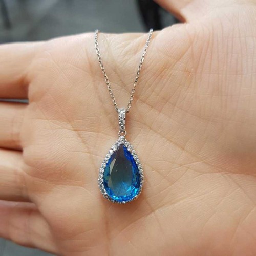 Mavi Damla Taşlı Gümüş Kadın Kolye - CNG Jewels
