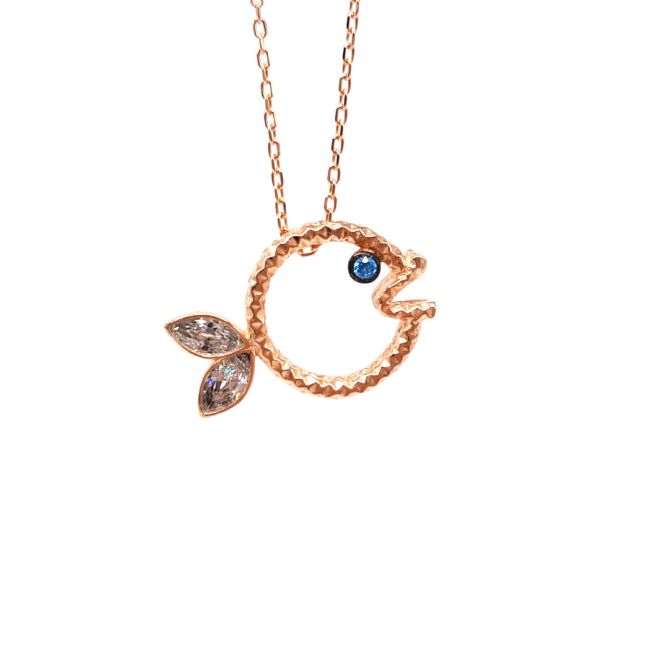 Mavi Gözlü Tasarım Balık Gümüş Kadın Kolye - 1