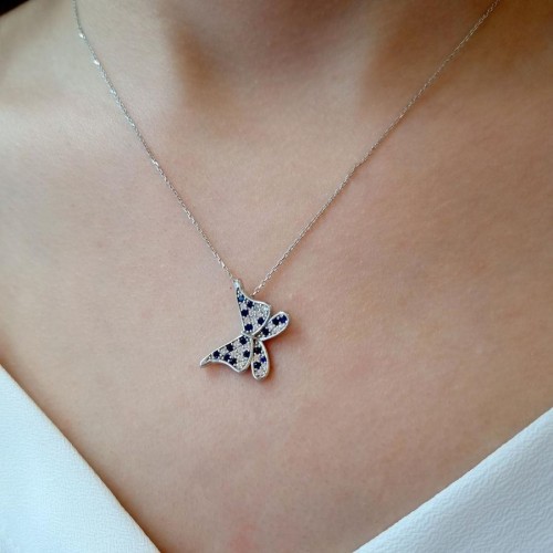 Mavi Mariposa Kelebek Gümüş Kadın Kolye - CNG Jewels (1)