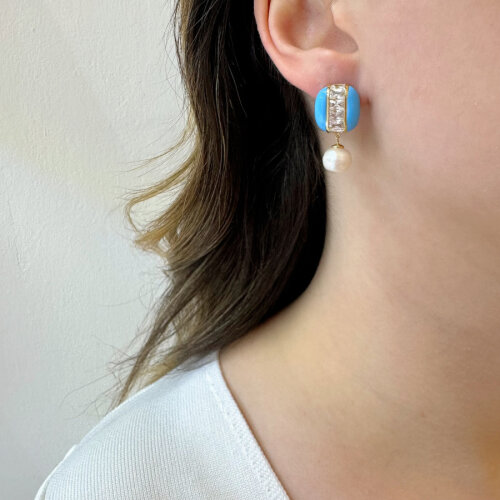 Mavi Mine Baget Taşlı İncili Kadın Gümüş Küpe - CNG Jewels (1)