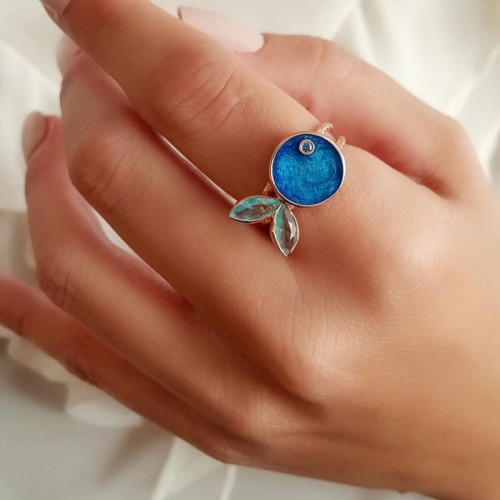 Blue Enameled Chubby Fish Silver Women's Ring 