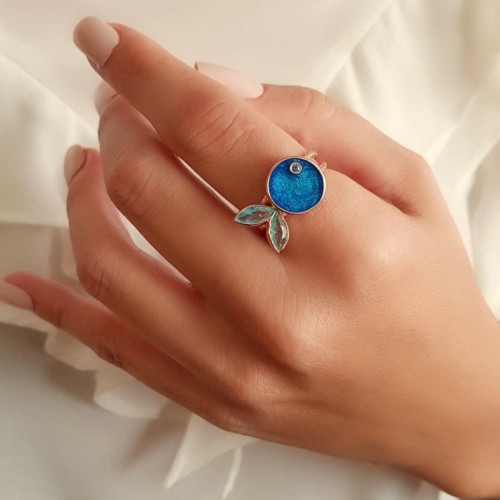 Blue Enameled Chubby Fish Silver Women's Ring - CNG Jewels (1)