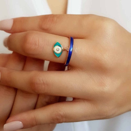 Blue Enamel Charm Eye Women's Silver Ring 
