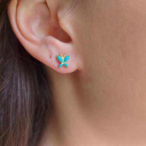Mavi Mineli Kelebek Gümüş Kadın Küpe - CNG Jewels