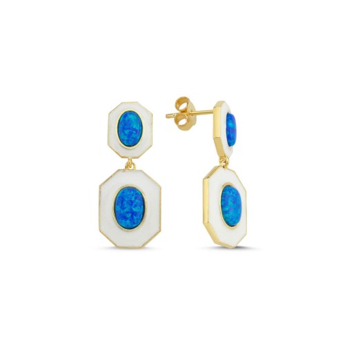 Mavi Opal Taşlı Oktagon Beyaz Sallantılı Gümüş Küpe - CNG Jewels