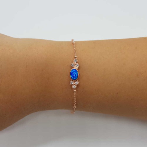 Blue Opal Stone Rose Silver Women's Bracelet 