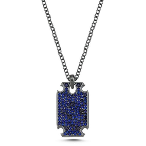 Mavi Taşlı Night Tasarım Plaka Gümüş Erkek Kolye - CNG Jewels