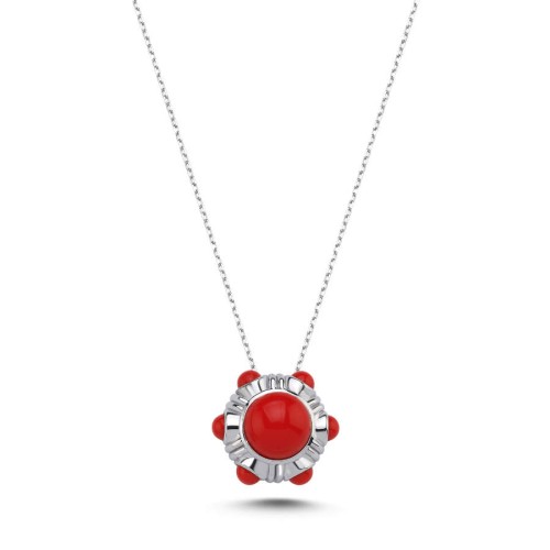 Mercan Kırmızı Vintage Gümüş Kadın Kolye - CNG Jewels