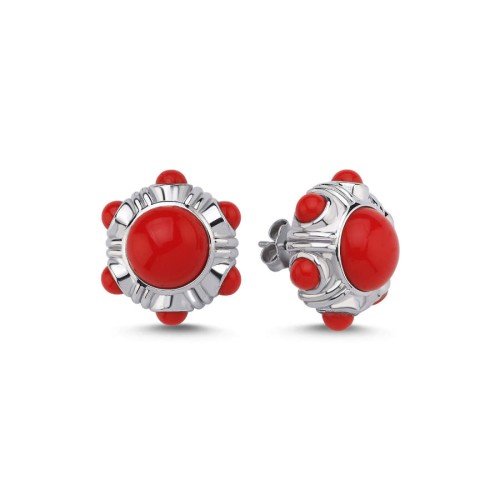 Mercan Kırmızı Vintage Gümüş Kadın Küpe - CNG Jewels