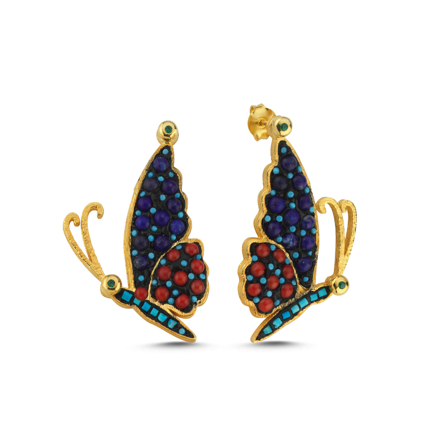 Butterfly Design Silver Earrings with Coral Turquoise Lapis Stone - CNG Jewels