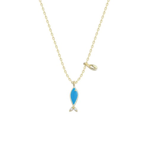 Mini Mavi Mineli Balık ve İstiridye Gümüş Kadın Kolye - CNG Jewels