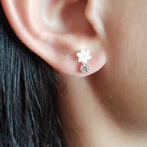 Small Mother-of-Pearl Flower Solitaire Silver Women's Earrings - CNG Jewels