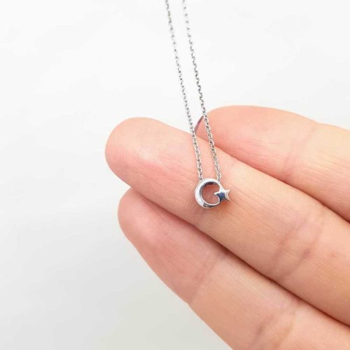 Minik Taşsız Ay Yıldız Gümüş Bayan Kolye - CNG Jewels